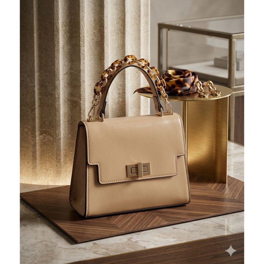 Aldo Beige Satchel Handbag Tortoiseshell Chain Strap Structured Faux Leather